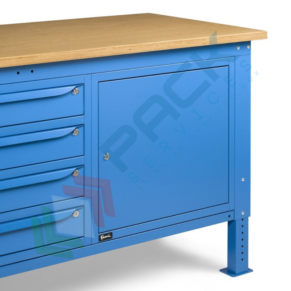 Banco da lavoro con piano in legno, parete, 4 cassetti + 2 con porta, 200 cm